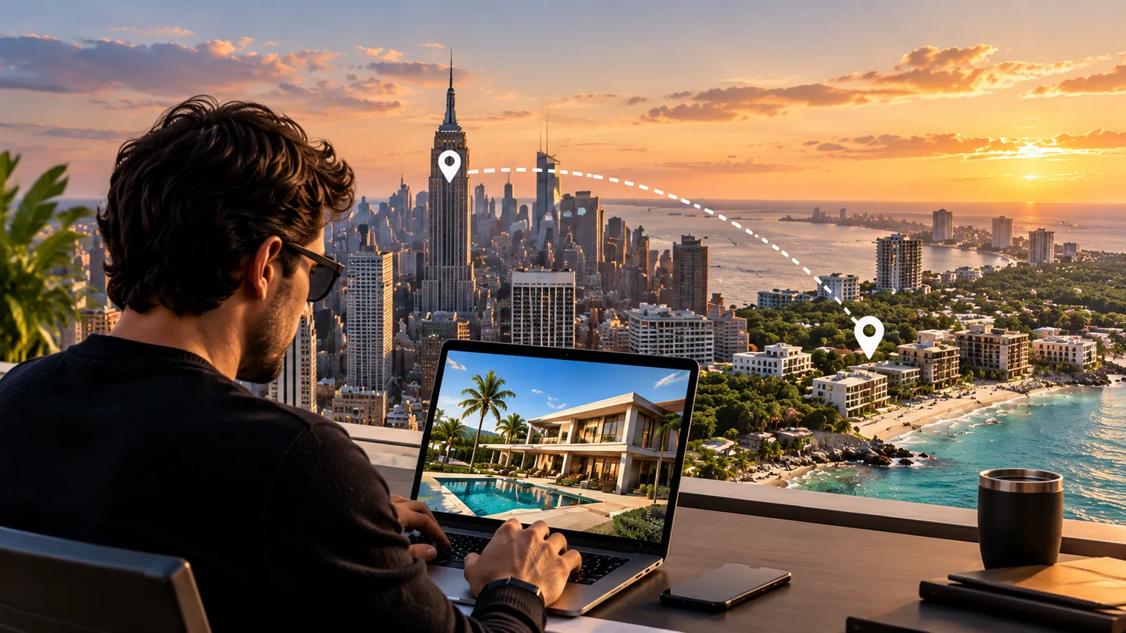 Inversionista en Nueva York revisando en su laptop una propiedad en la costa de México