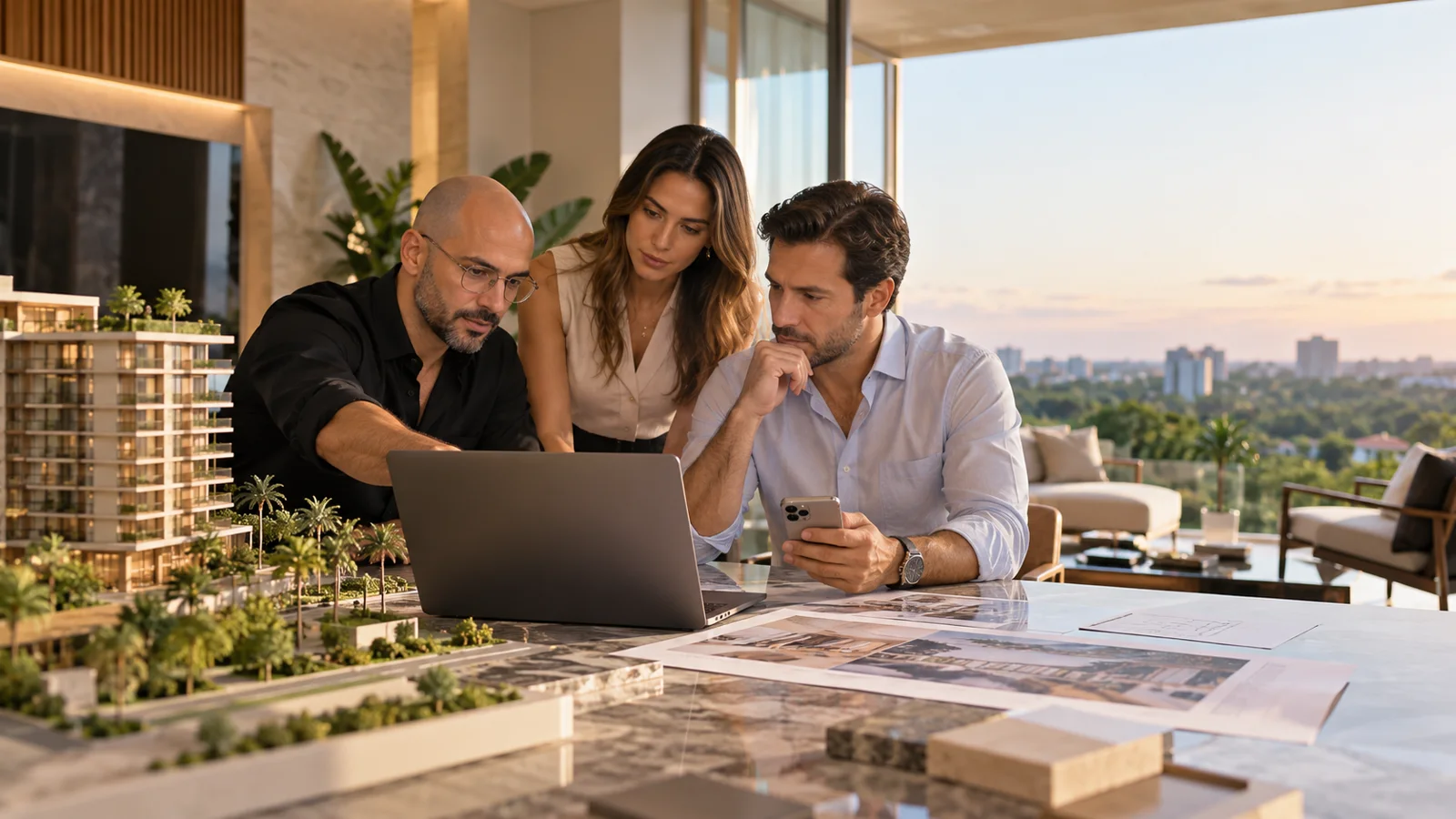 Equipo comercial de un desarrollo inmobiliario revisando prospectos en una laptop y un celular junto a la maqueta del proyecto