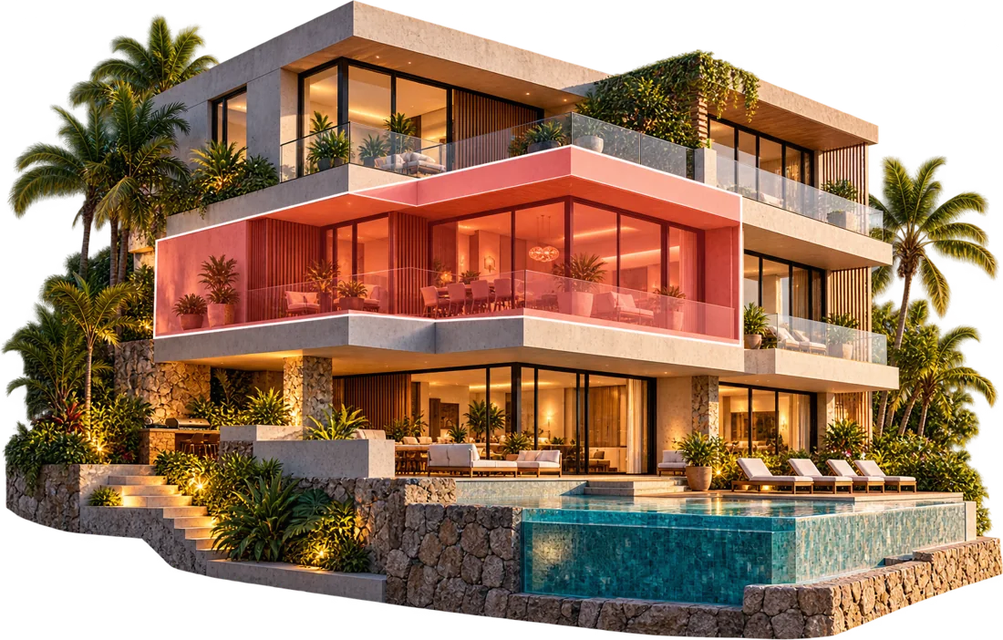 Casa con un piso resaltado en coral que representa una fracción de la propiedad